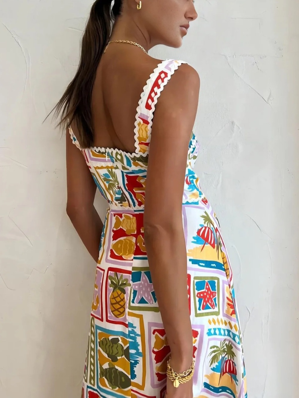 Commense White Maxi Dress with Multicolor Nautical Block Print Panels - Picture 3 of 5